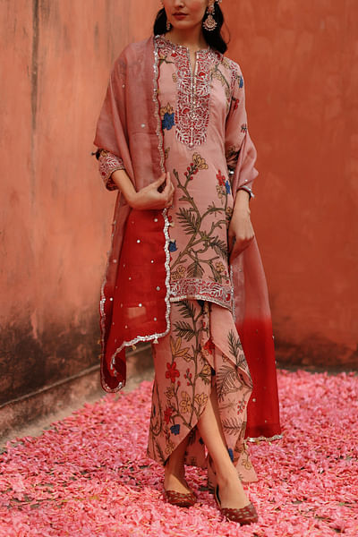 Rose kalamkari hand painted kurta skirt set