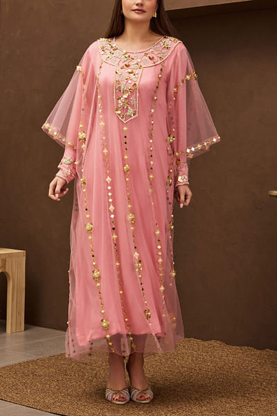 Rose pink 3D floral detail kaftan dress set