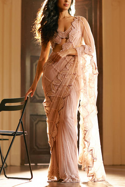 Rose pink embellished pre-drape sari set