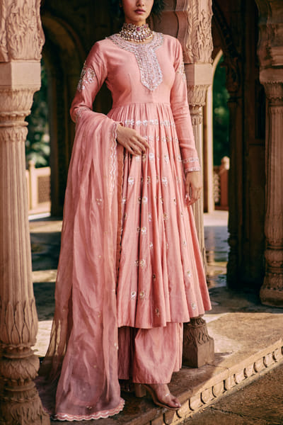 Rose pink floral embroidered anarkali set