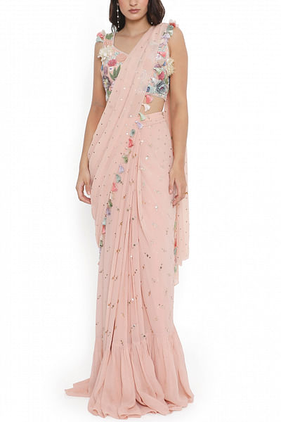 Rose pink frilled sari set