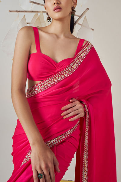 Rose pink gota embroidered sari set