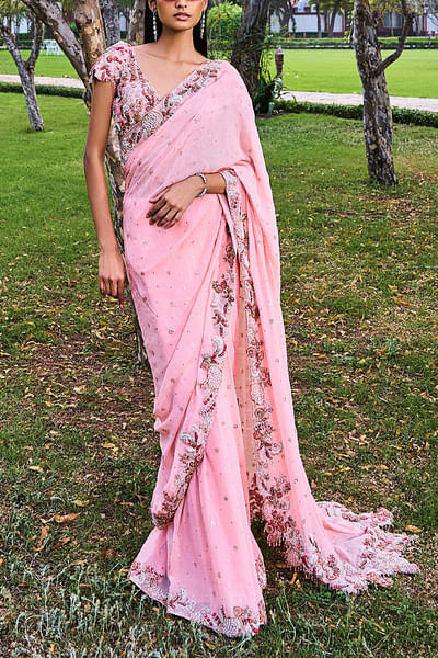 Rose pink kamdani embroidery sari set