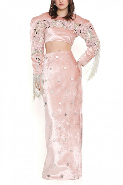 Rose pink metallic detail skirt set