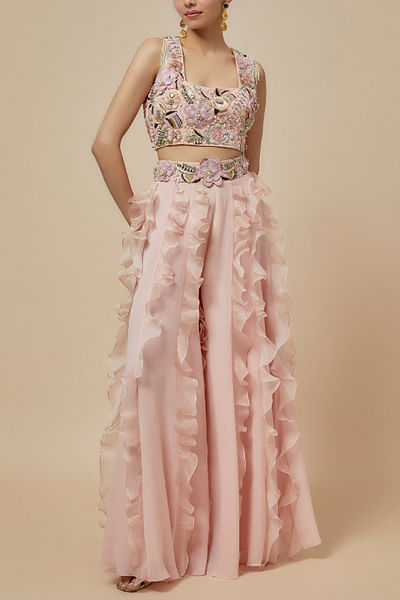 Rose pink ruffled sharara set