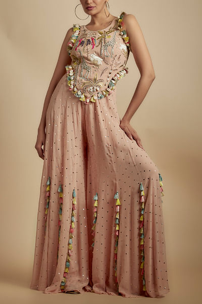 Rose pink tasselled mukaish sharara set