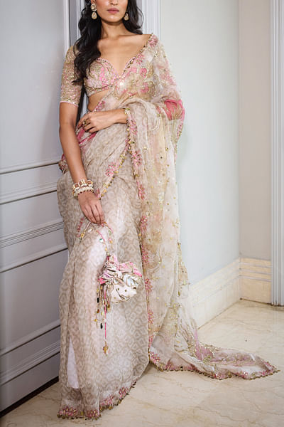 Rose printed pre-draped sari set