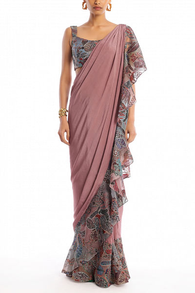 Rose quartz floral printed ruffled sari set