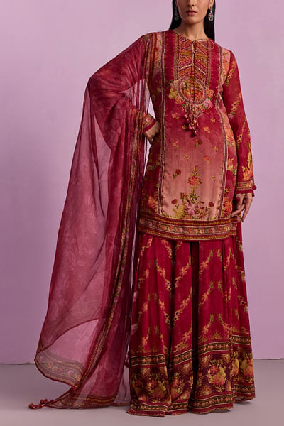 Rose red chevron floral printed sharara set