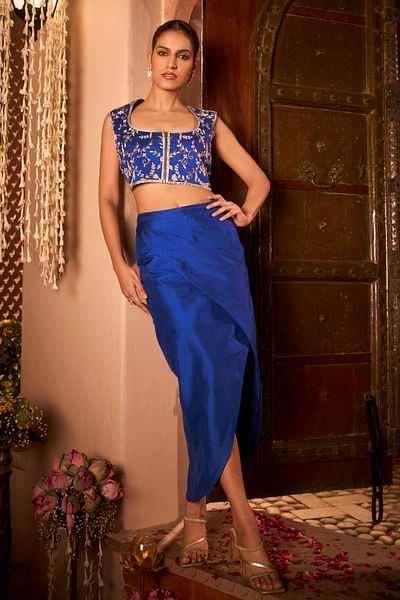 Royal blue draped skirt set