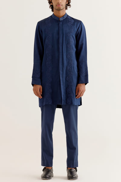 Devnaagri Royal blue embroidered front open kurta set DEVDEC24D11882