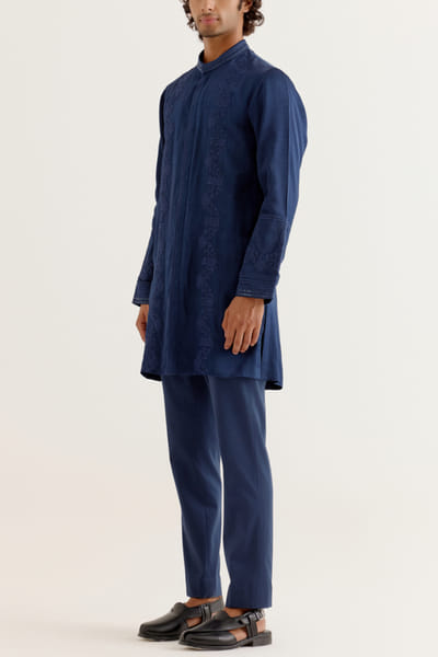 Devnaagri Royal blue embroidered front open kurta set DEVDEC24D11882