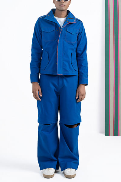 Royal blue flap pocket detail biker jacket