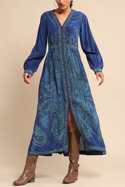 Royal blue floral and paisley printed dress