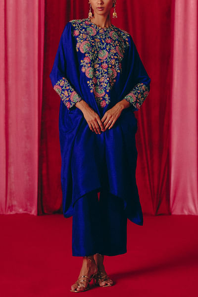 Royal blue floral embroidered kurta set