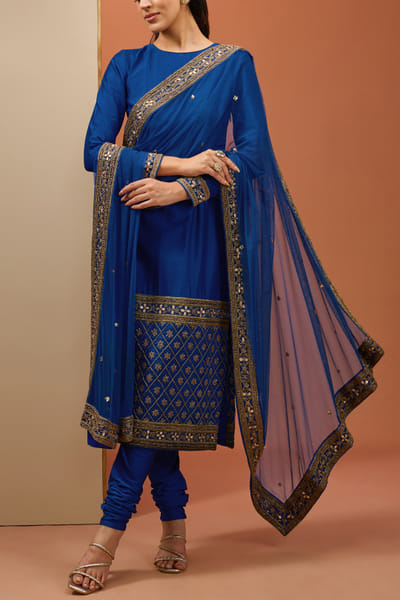 Royal blue geometric embroidered kurta set