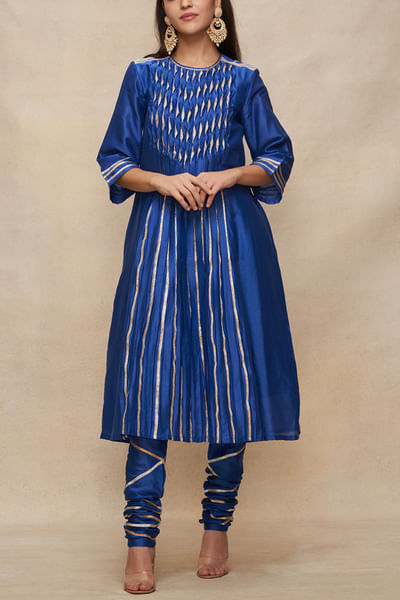 Royal blue gota work pleated flared kurta