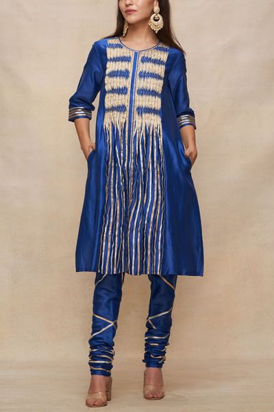 Royal blue gota work pleated gathered kurta