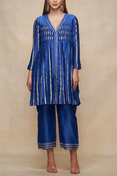 Royal blue gota work pleated short kurta