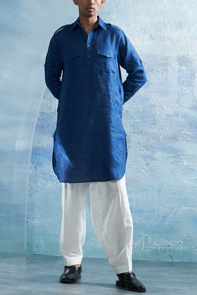 Royal blue linen pathani kurta set