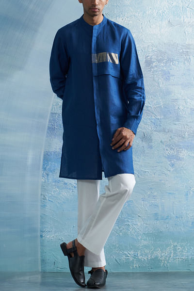 Royal blue linen shirt kurta set