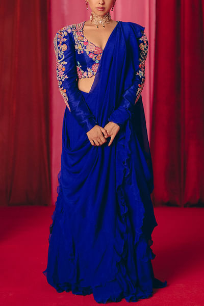 Royal blue ruffled pre-draped sari set