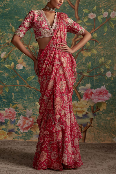 Royal fuchsia printed pre-draped sari set