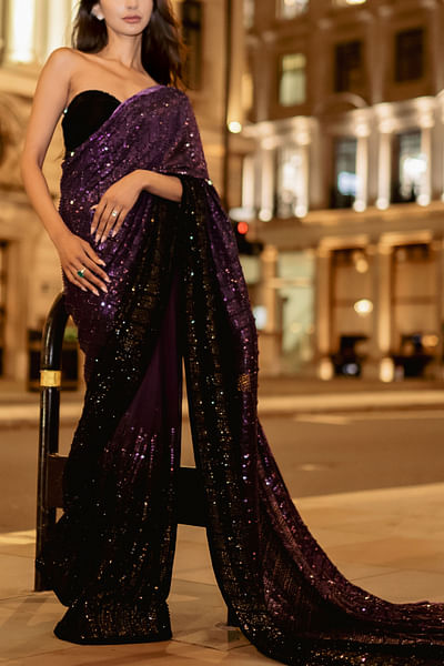 Royal purple ombre Swarovski sequin sari set