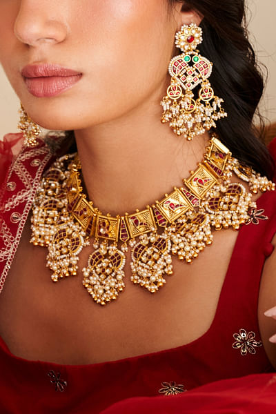 Ruby and gold pearl and kundan necklace set