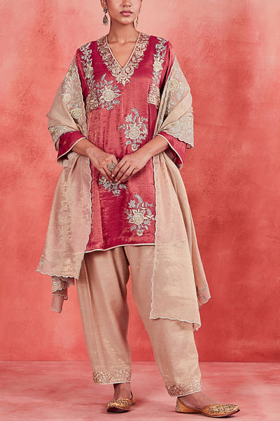 Ruby pink and beige floral embroidery kurta set