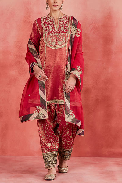 Ruby pink floral embroidered kurta set