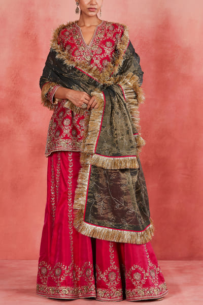Ruby pink floral pitta embroidered sharara set