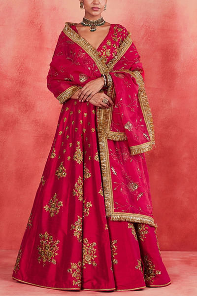Ruby pink floral zari embroidered lehenga set