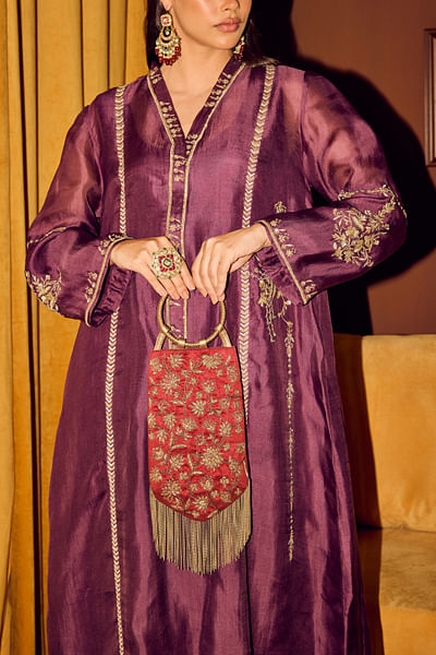 Ruby red dabka embroidered potli bag
