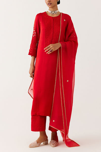 Ruby red dori embroidered kurta set