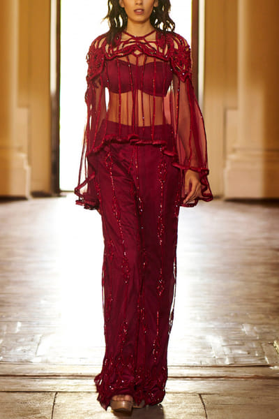 Ruby red embellished asymmetric cape set