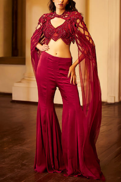 Ruby red embellished choker cape set