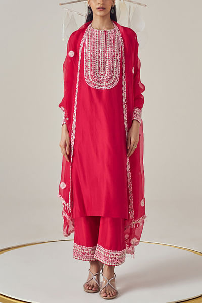 Ruby red embroidered kurta set