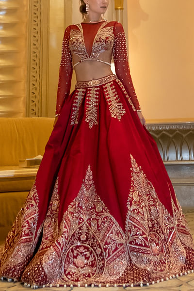 Ruby red floral embroidered lehenga set