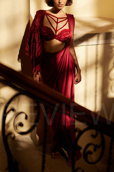 Ruby red pre-draped concept sari set