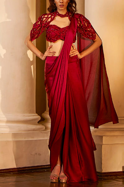 Ruby red pre-draped sari set