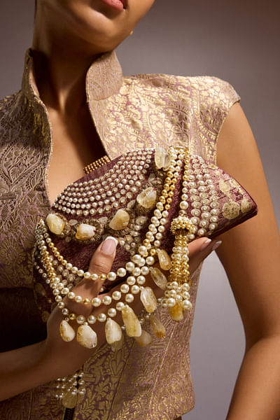 Ruby rouge Swarovski pearl embellished clutch