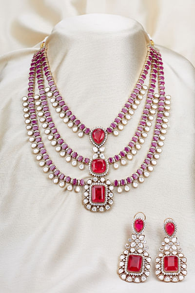 Ruby stone moissanite polki layered necklace set