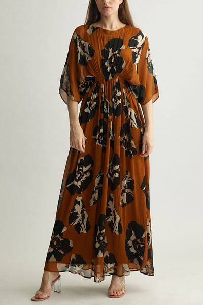 Rust and black floral printed kaftan dress