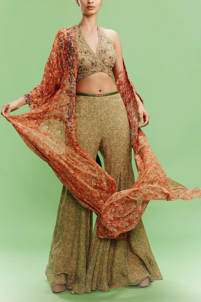 Rust and green floral print jacket sharara set