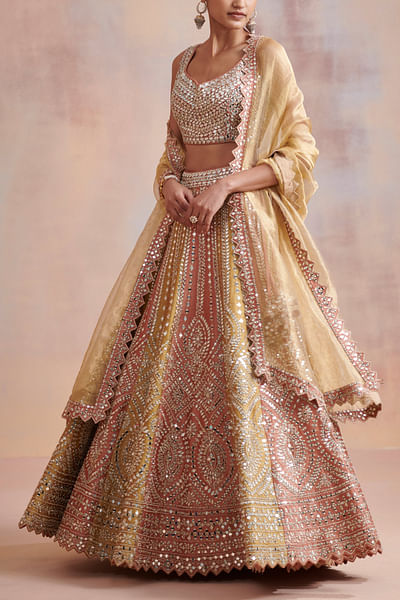 Rust and mustard mirror embroidery lehenga set