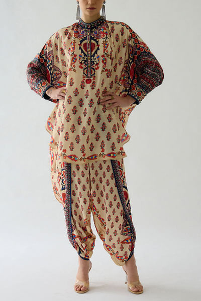Rust artisanal print dhoti pants