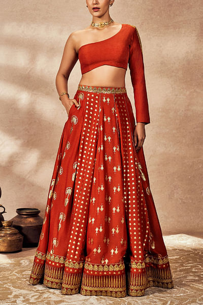 Rust fish and palm tree foil print lehenga set