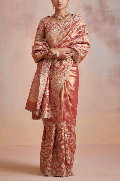 Rust floral aari embroidered sari set