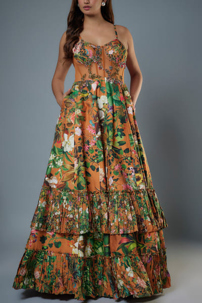 Rust floral embroidered corset gown